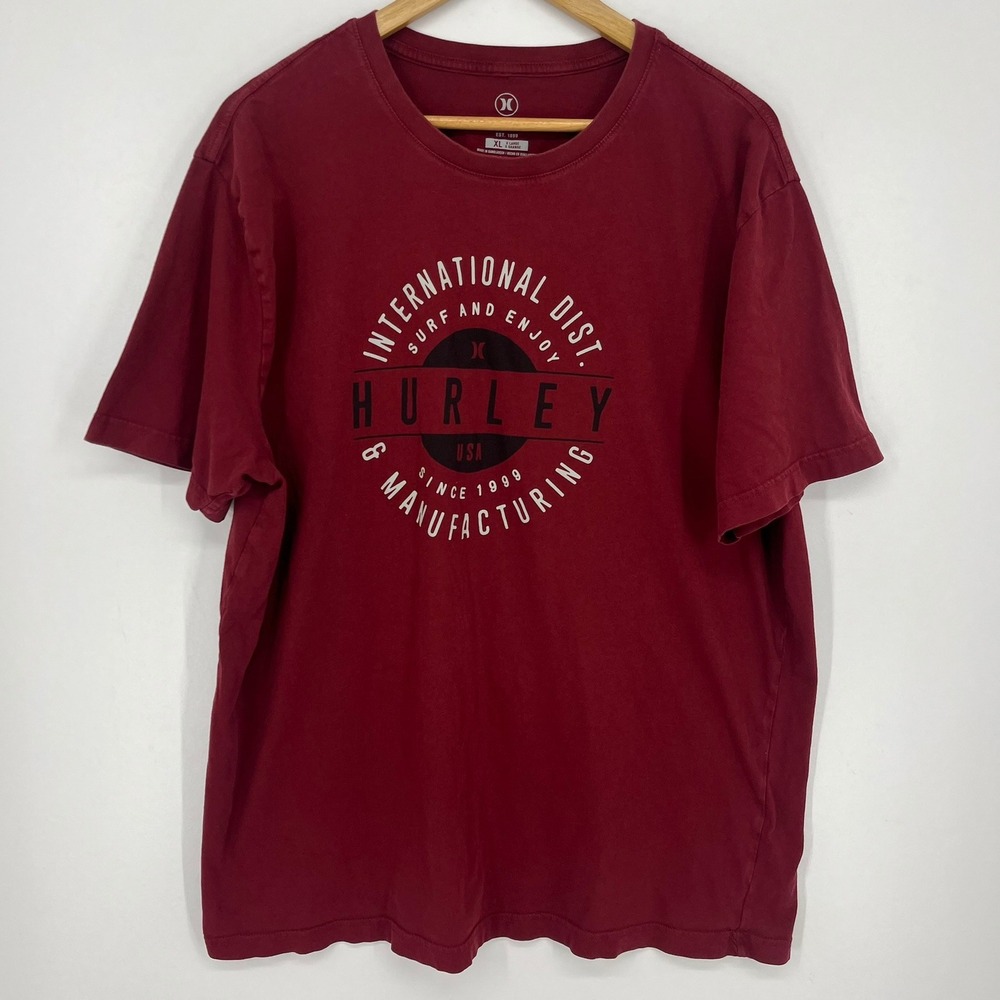 Hurley Mens XL Graphic T-Shirt Maroon International Dist Surf and Enjoy Cotton